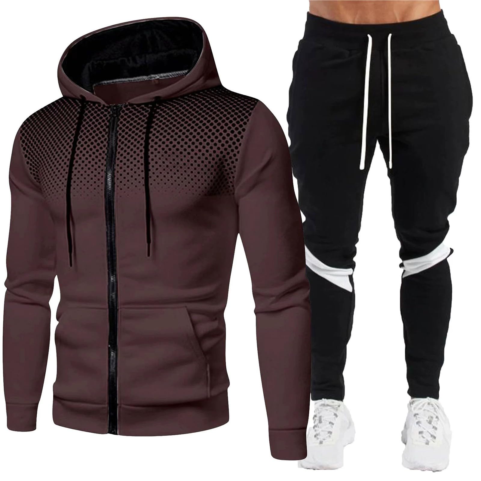 Tuta sportiva da uomo, 2 pezzi, tuta sportiva da jogging, con chiusura lampo, con cappuccio e pantaloni da uomo, traspirante, abbigliamento sportivo per uomo
