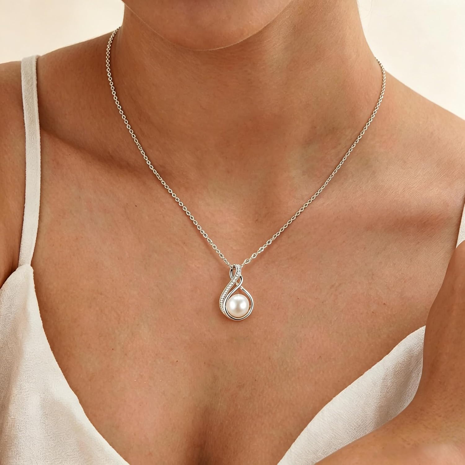 14K Gold Plated Pearl Necklaces for Women, Freshwater Cultured White Pearl Pendant with Moissanite Accents, Anniversary Birthday Wedding Jewelry Gift for Her