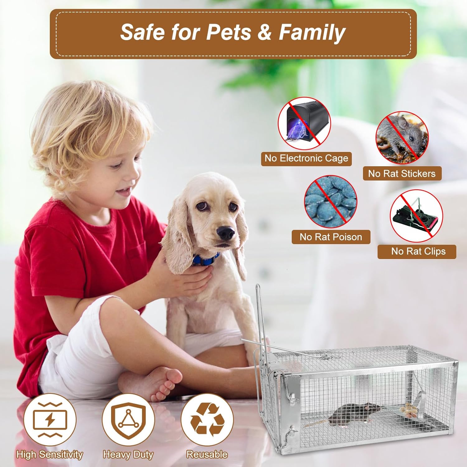 2 Pcs Humane Rat Trap Cage, Galvanized Iron Live Rodent Trap Cage with Detachable U Shaped Rod, Catch and Release Mouse Traps Work for Indoor Outdoor