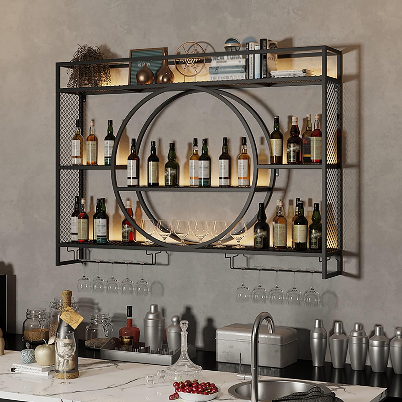 Casier à vin mural avec support de verre en métal, étagère flottante 3 couches pour bar maison