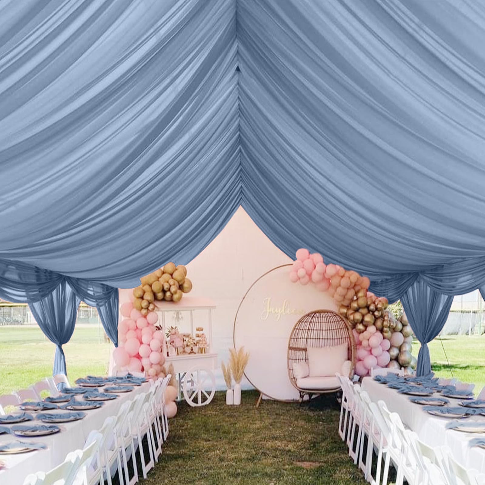 6 Panels Dusty Blue Ceiling Drapes for Wedding 5ftx30ft Chiffon Fabric Arch Draping Curtains Sheer Drapery for Party Ceremony Birthday Baby Shower