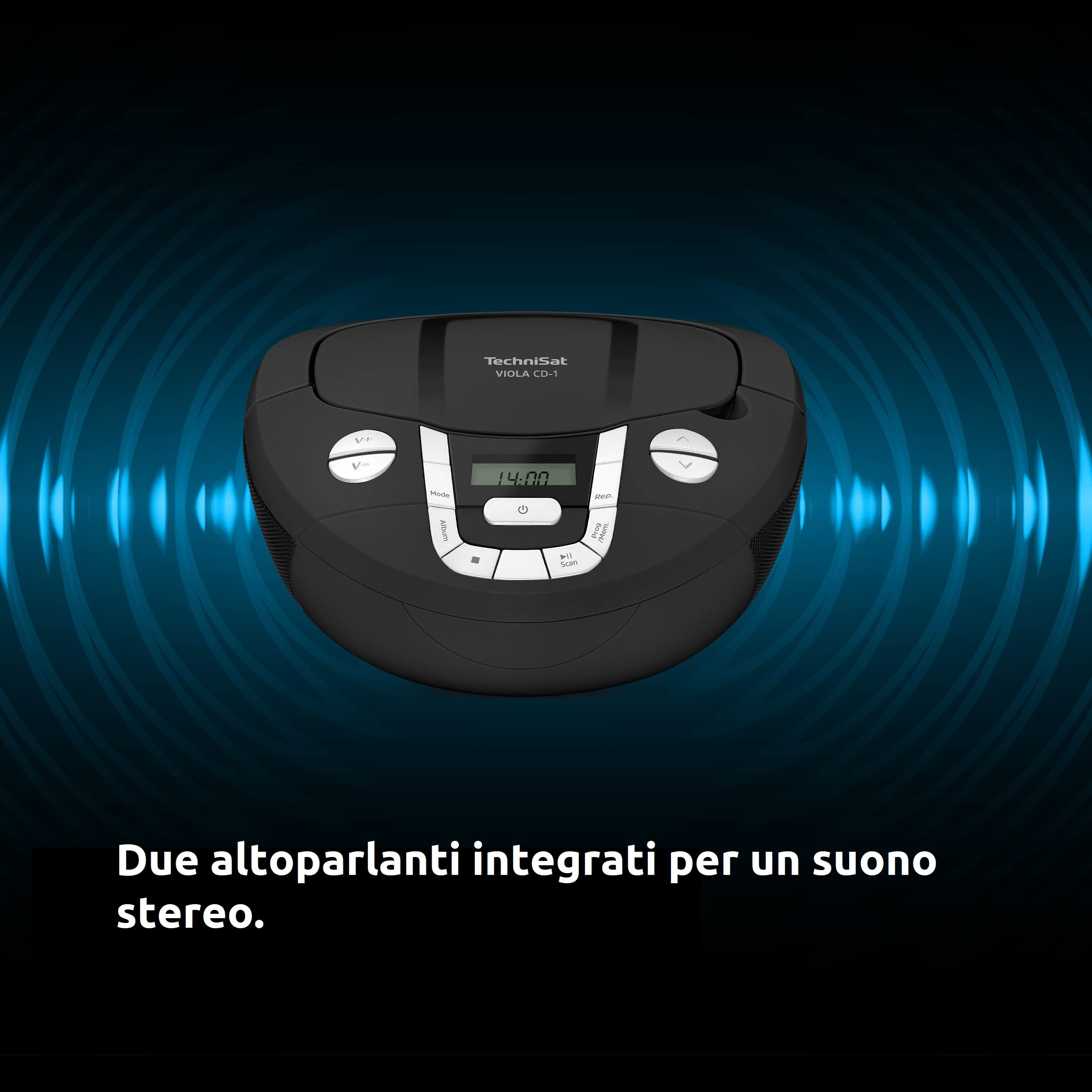 TechniSat VIOLA CD-1 - lettore CD stereo portatile con maniglia per il trasporto, boombox nera, sintonizzatore radio FM, ricezione Bluetooth, potenza di 2 x 1 W RMS, alimentazione a rete e a batteria