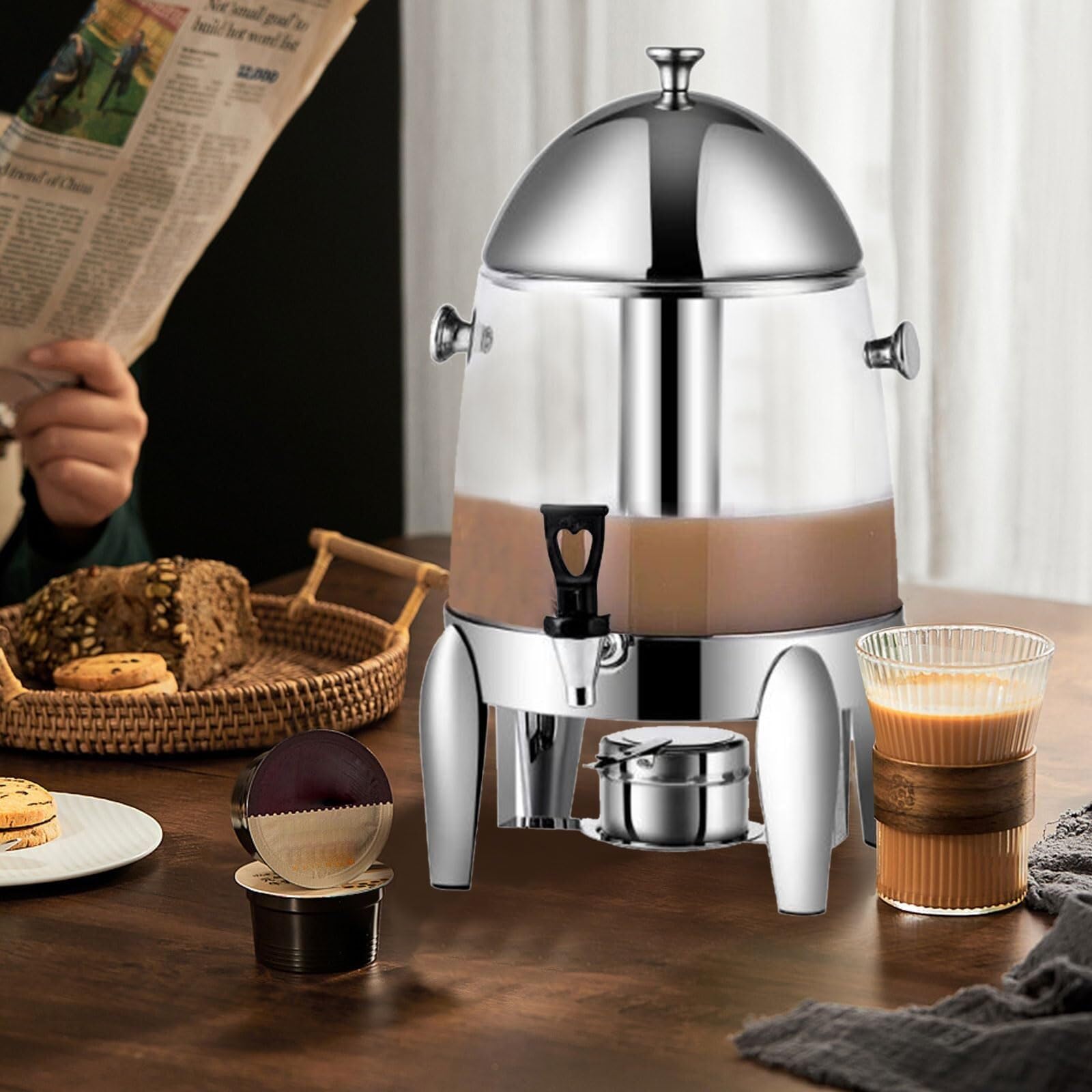 Dispensador de bebidas de 12 litros con recipiente de hielo y espiga, perfecto para café, agua, jugo y más, incluye soporte de combustible para uso en interiores y exteriores