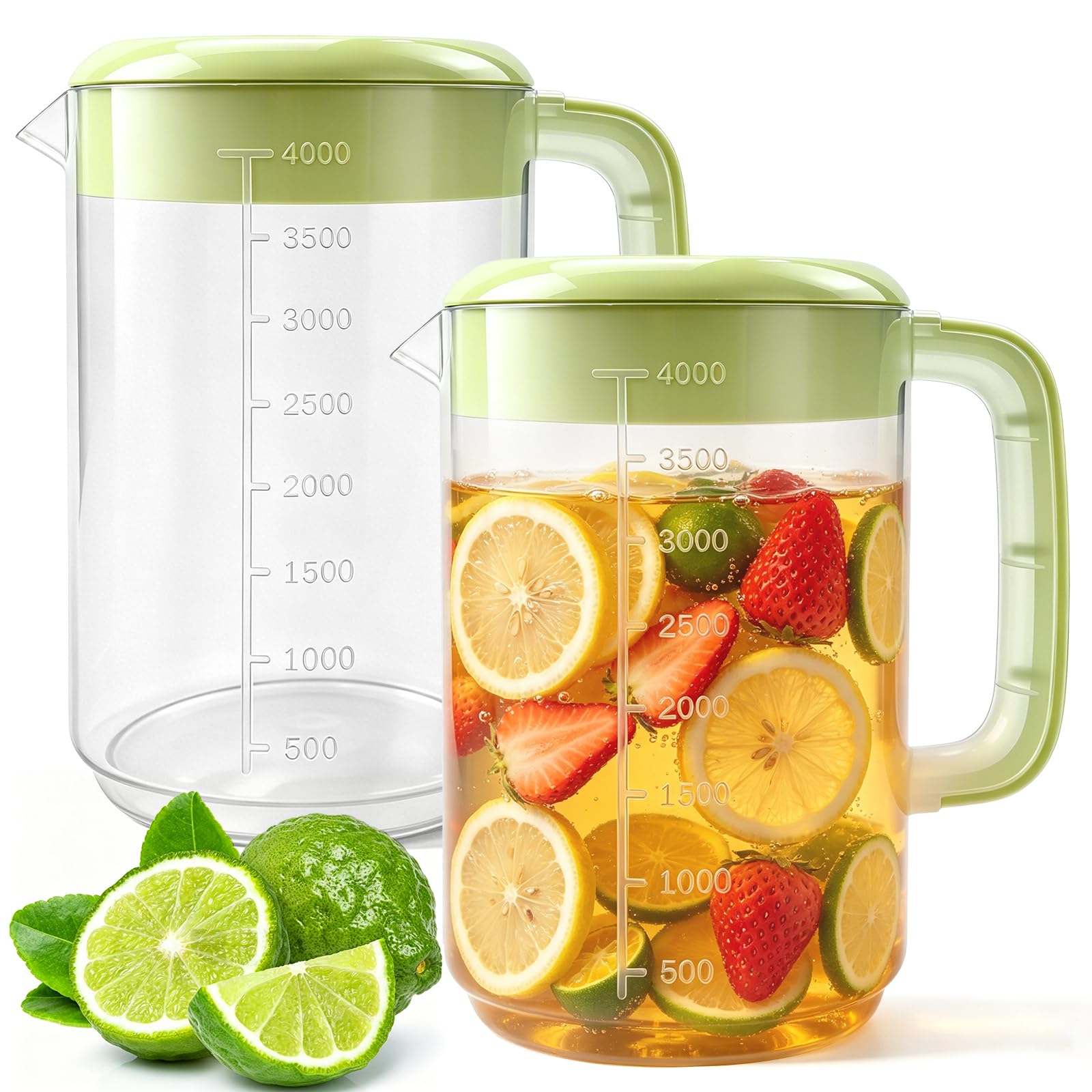 Nexboraque Paquete de 2 jarras coladoras de plástico de 1 galón con tapa, jarra de agua grande con asa y medidas para bebidas frías, jarra de té helado para limonada, leche, jugo, bebidas, verde
