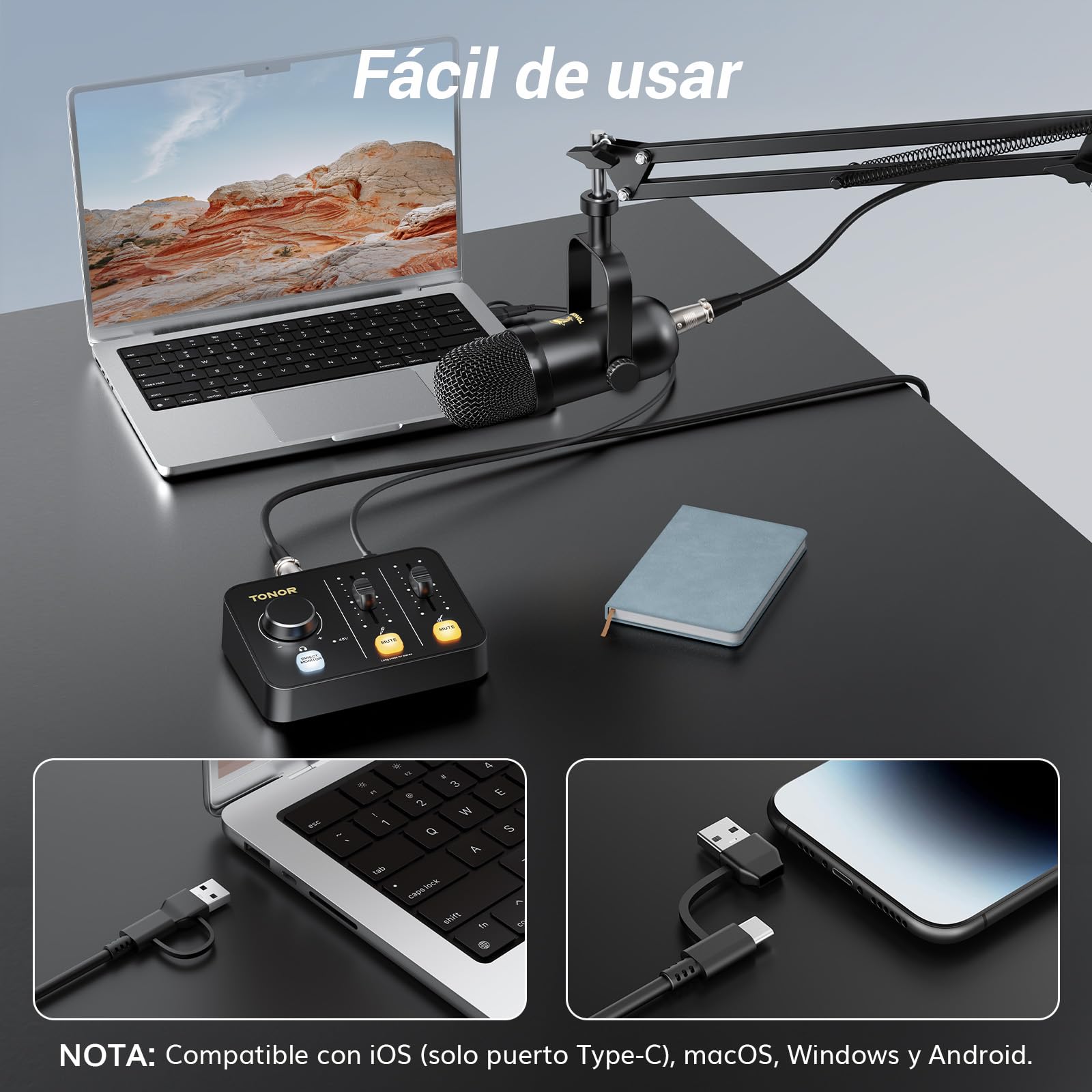 TONOR Paquete Equipos de Podcast, Mezclador con Micrófono Dinámico y Mic Brazo, Micrófono XLR con Interfaz Audio de Estudio, Soporte Microfono Mesa, Pack Todo en Uno para Streaming/Grabación, POD-1