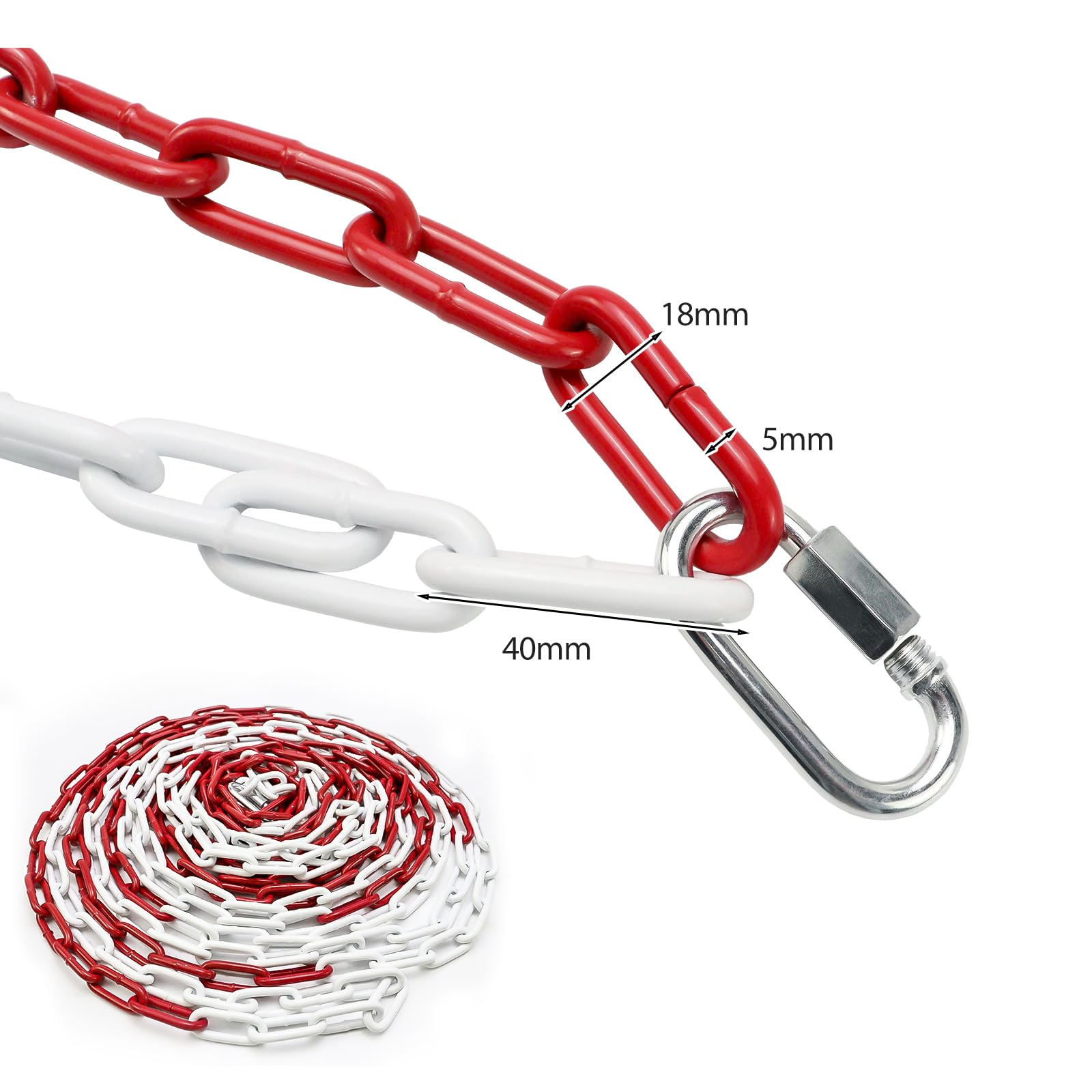 Absperrkette Stahlkette, 15M Rot Weiß Metall Warnkette Stahl Sicherheitskette 5mm Dicke mit Verbindungsschnalle, Gliederkette für Parkplätzen Baustellen Straßen (15 Meter)
