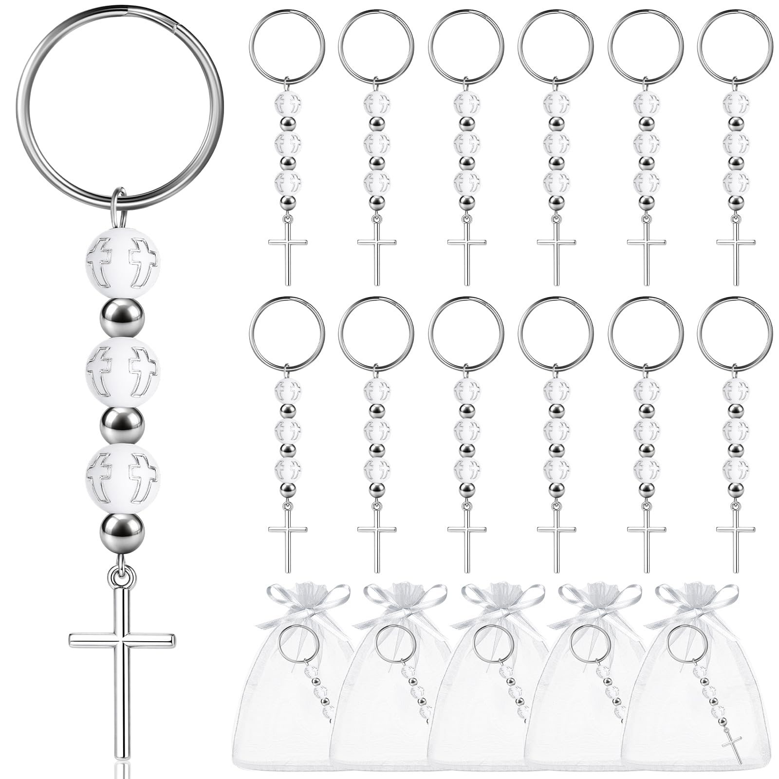 Photo 1 of Quelay 30 Pcs Baptism Favors Rosary Keychain with Organza Bags, First Holy Communion Favors for Guests Mini Rosary Beads Christening Gifts Bautizo Recuerdos Wedding Party Supplies(Silver)