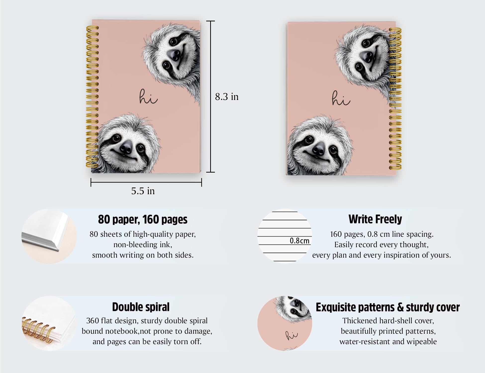 Diario con bradipo, diario rosa con simpatici animali, per scuola, donne, adolescenti, ragazze, bambini, regali per gli amanti del bradipo, quaderni a spirale con copertina rigida per
