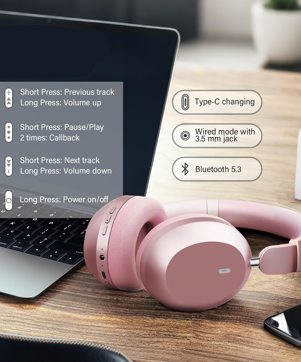 Wentronic Y05 Bluetooth Headphones Wireless Over Ear with Microphone 48 Hours Playtime, High Sound Quality Foldable Soft Earpads Earphones for Travel - Pink - Image 7