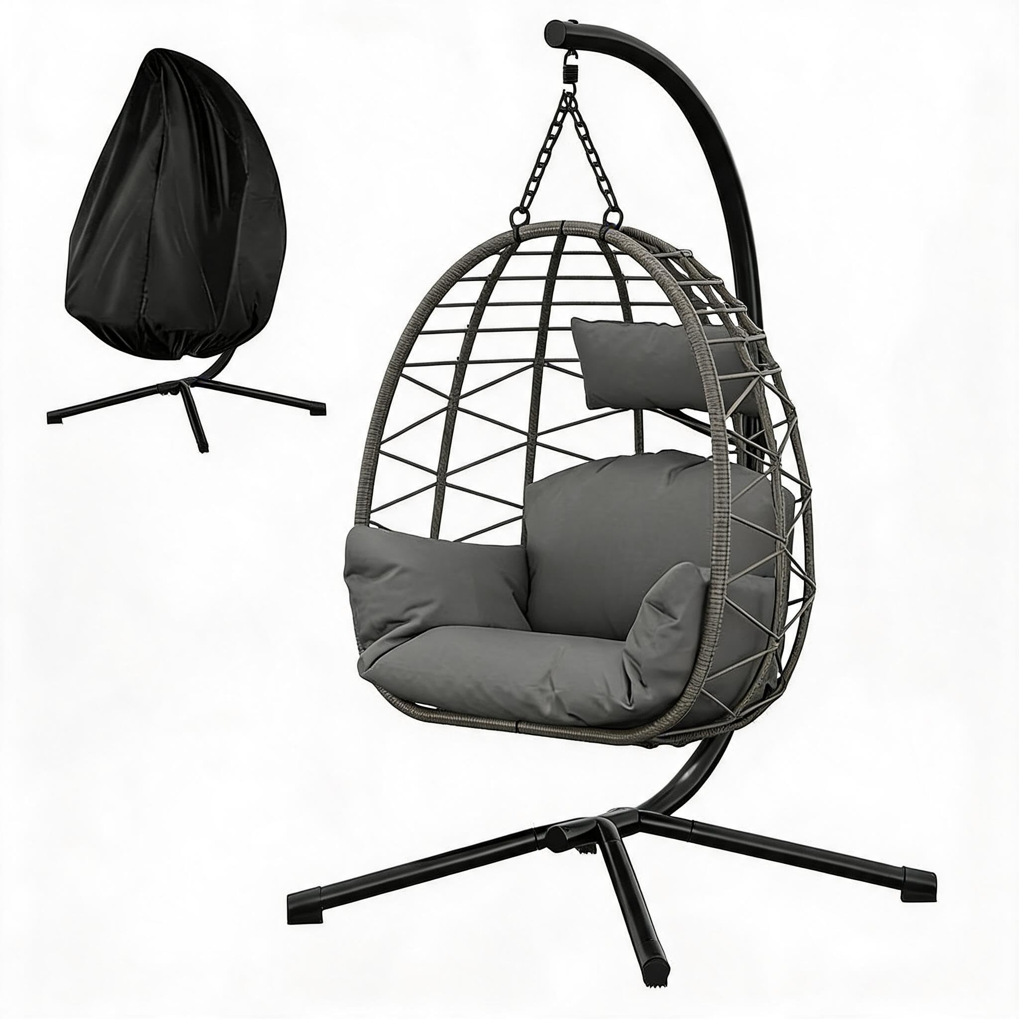 Chaise œuf suspendue en rotin pliable avec support - Hauteur réglable, cadre acier robuste - Coussins déhoussables imperméables + appui-tête, housse - frais 150 kg - Coloris: rotin gris brossé +
