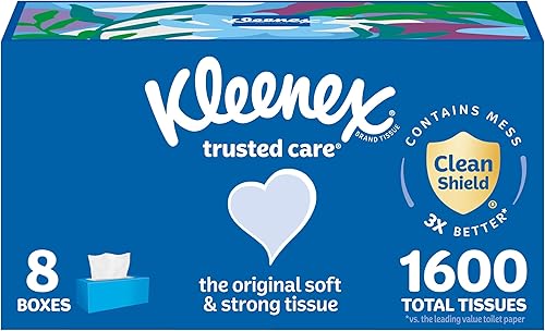 Kleenex Trusted Care - Pañuelos faciales, 8 cajas planas, 200 pañuelos por caja, 2 capas, el embalaje puede variar