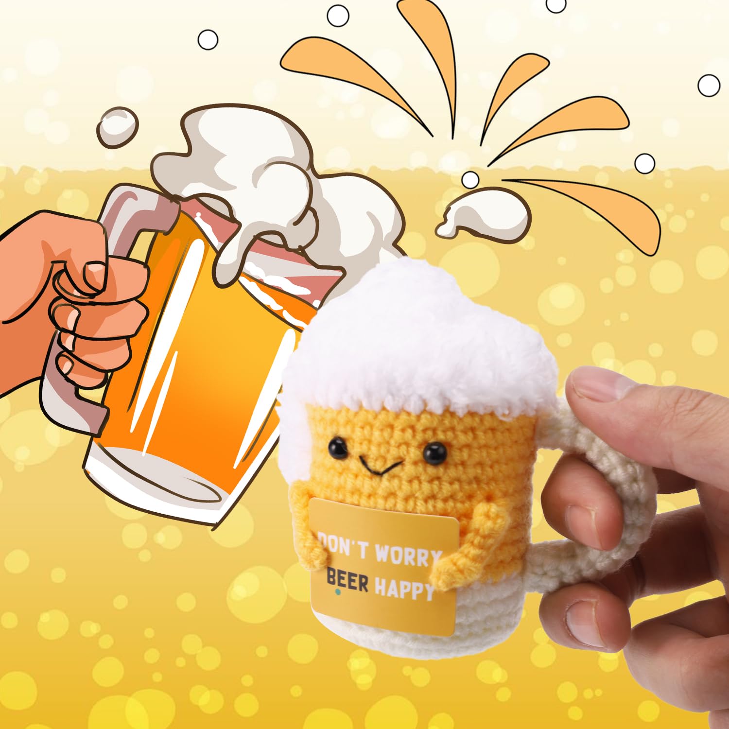 Poupée Bière Positive – Peluche Tricotée Main 10 Cm – Carte 'Don’t Worry, Beer Happy' – Cadeau Amusant Pour Ami(e) Et Pendaison De Crémaillère