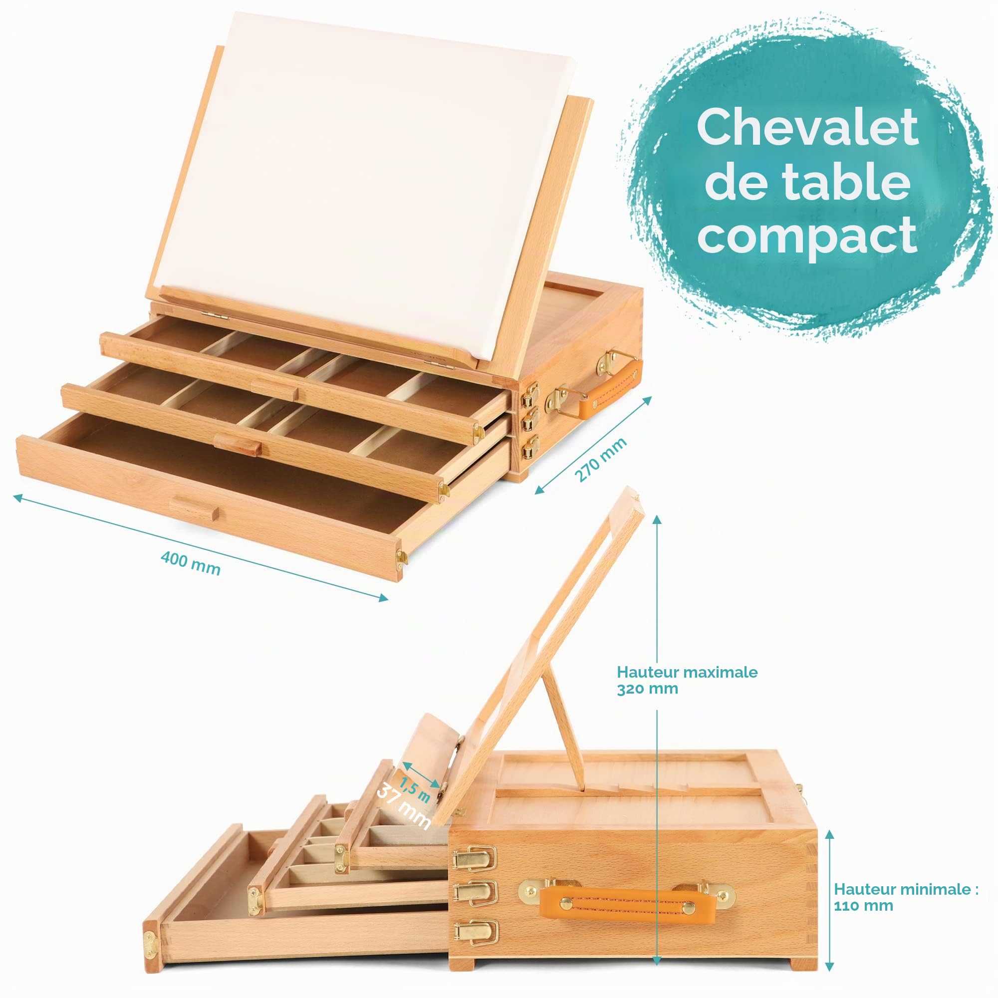 VISWIN Grand Chevalet de Table Réglable À 3 Tiroirs, Boîte de Peinture en Bois de Hêtre de Qualité Supérieure, Chevalet de Bureau d'Artiste Portable Pour Adulte, Artiste