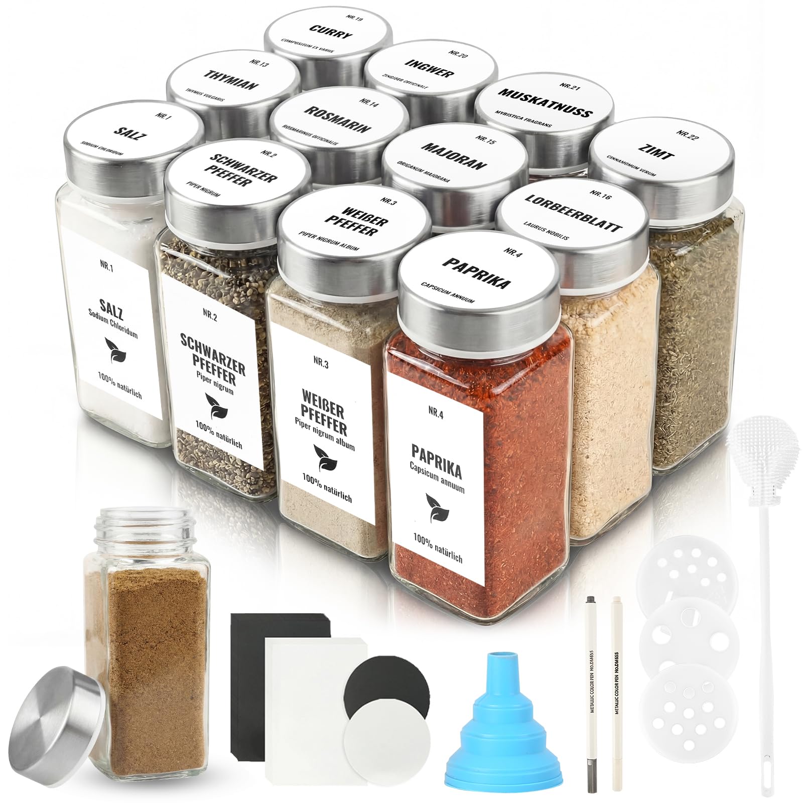 JAECU 12Pcs Glass Spice Jars with Stainless Steel Lids 120ml Spice Bottle