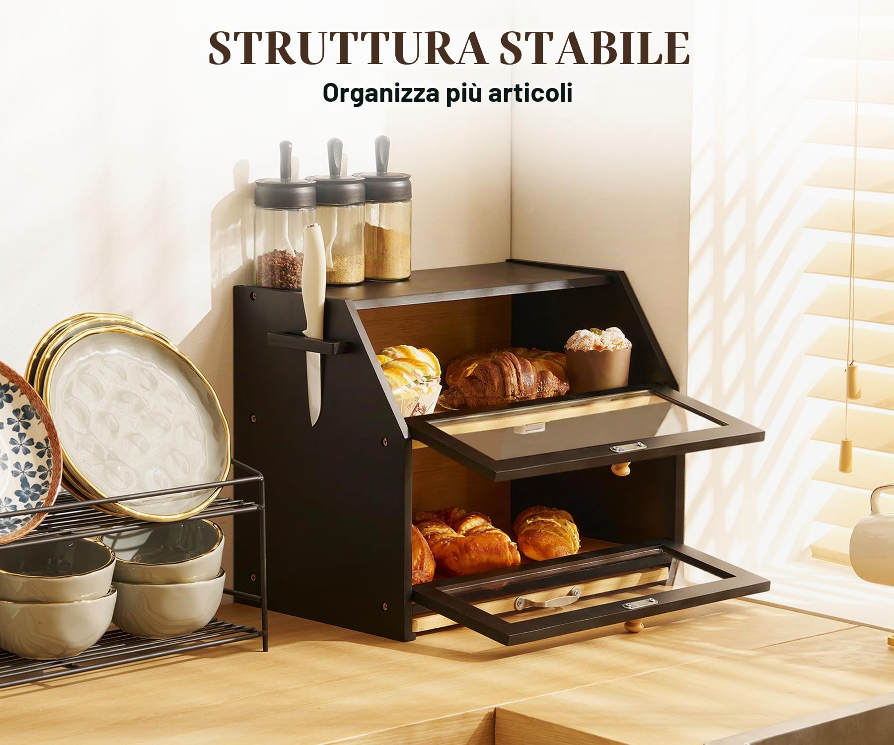 YOUDENOVA Cestino per il pane ecologico in bambù con tagliere, contenitore per pane da cucina, contenitore per pane tostato, nero, 39 x 26 x 32,5 cm (lunghezza x larghezza x altezza)
