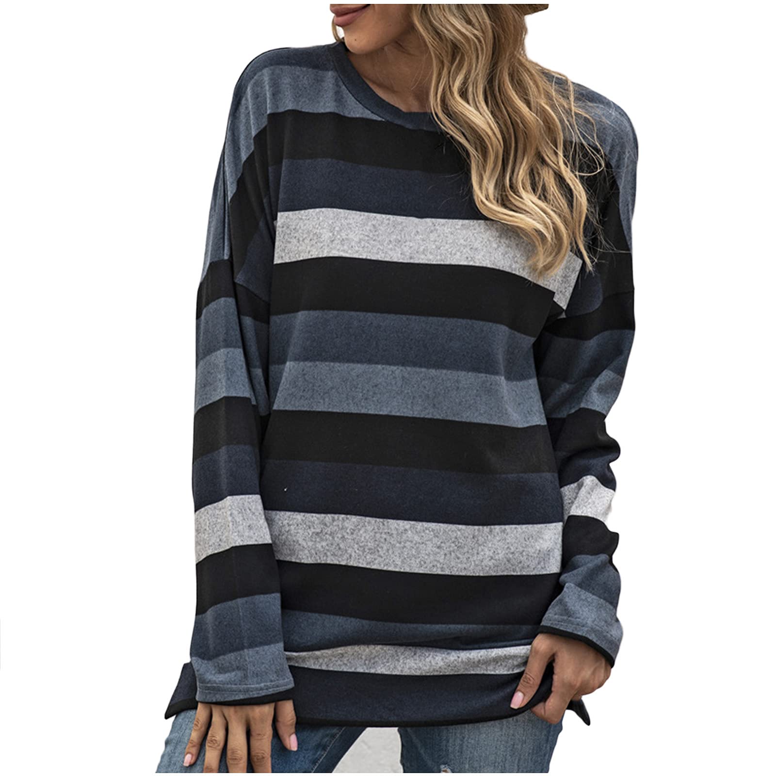 Women's Long-Sleeved T-Shirt Lightweight Plus Size Round Neck Pullover Top Trendy Stripe Tee