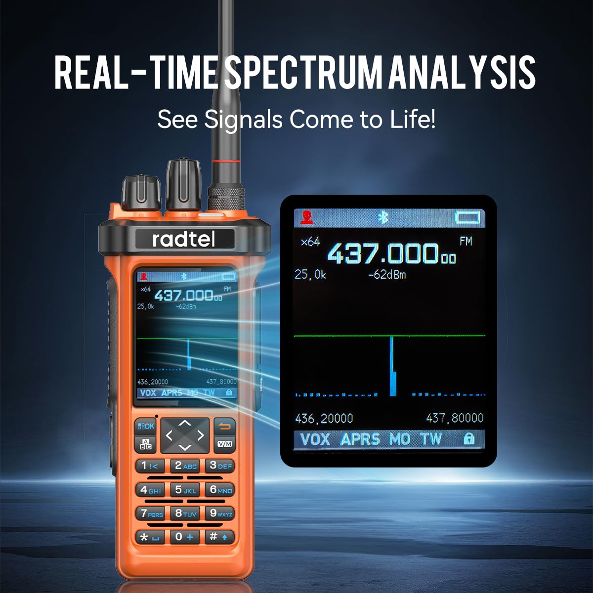 Radioaficionado Radtel RT-950 Pro GPS/APRS, walkie-Talkie portátil de Largo Alcance de 10 W, programación por aplicación Bluetooth, Color Naranja (con Cable de programación)