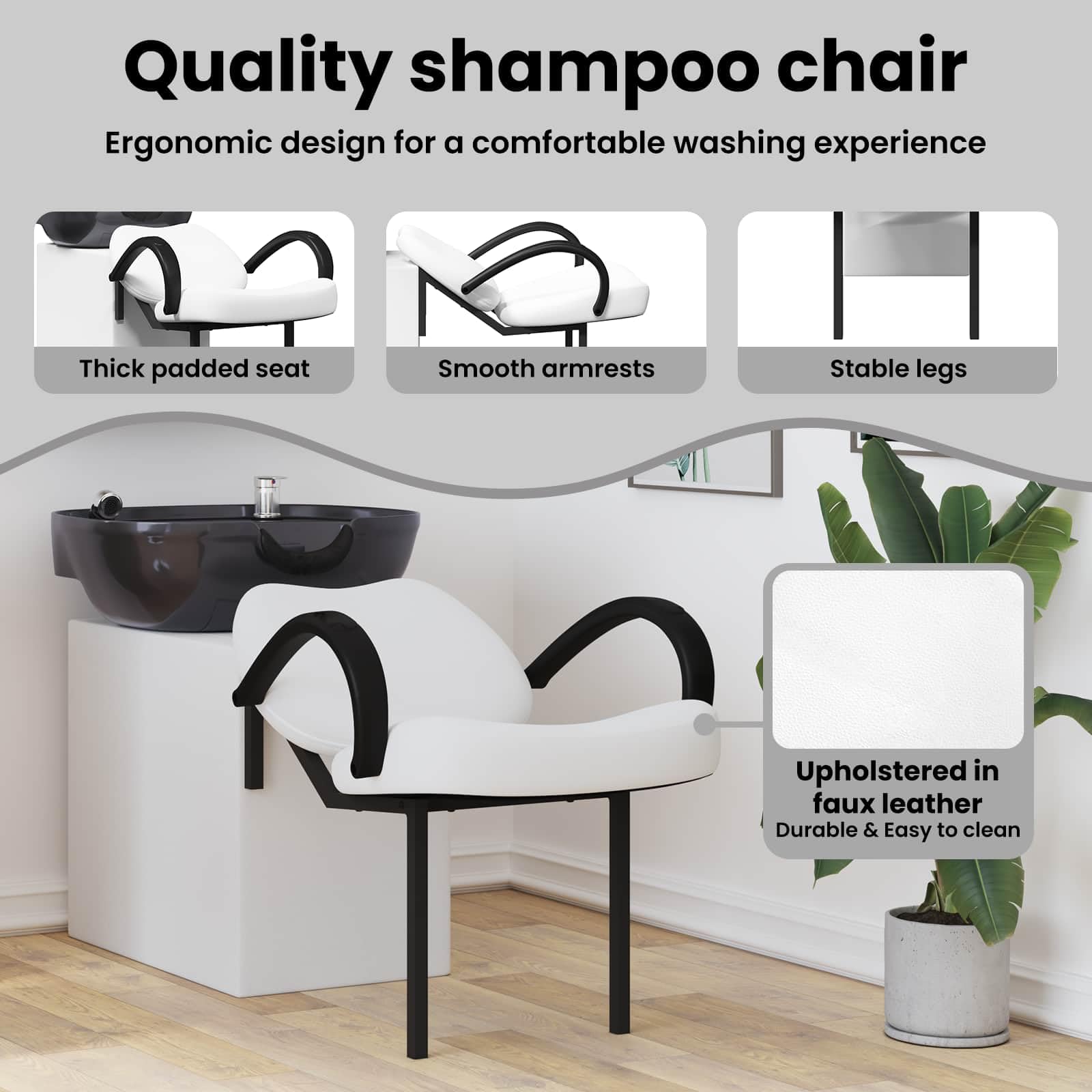 vidaXL Silla de Shampoo Manual y Negro 136 x 60 x 92 cm PVC, Silla de Shampoo Ajustable, Asiento Moderno, cómodo para estilistas, diseño Minimalista