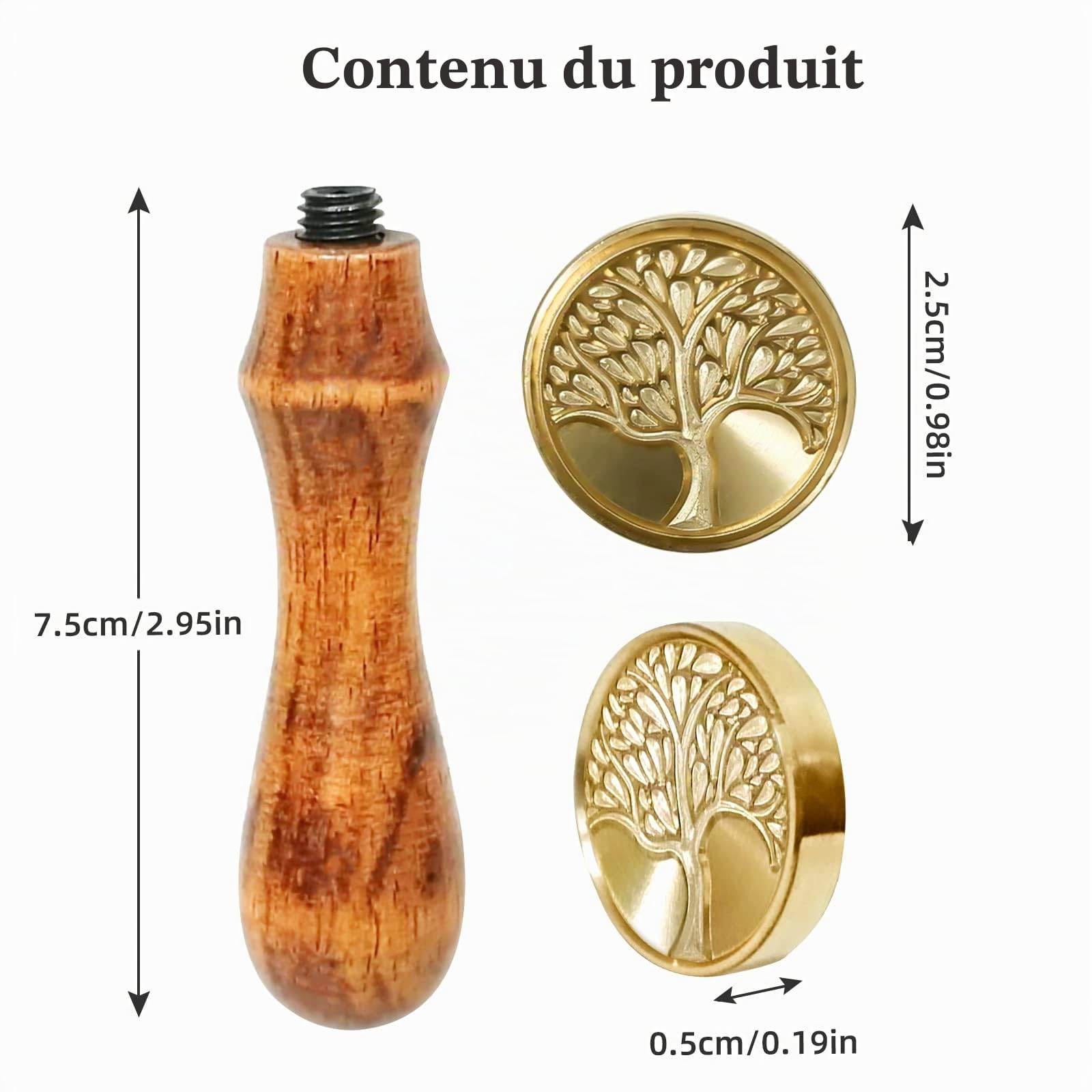 Cachet de cire en forme d'arbre de vie cœur, sceau rétro avec poignée bois et cachet laiton amovible