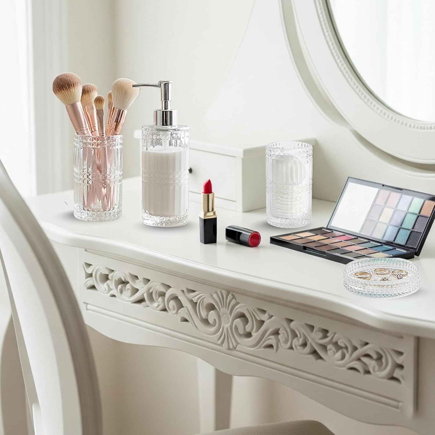 Clear Glass Bathroom Accessories Set 4 Pcs | Premium Liquid Soap Dispenser and Toothbrush Holder Set, Qtip Holder, Soap Tray | Bathroom Countertop Organizer | Modern Bathroom Accessory Sets