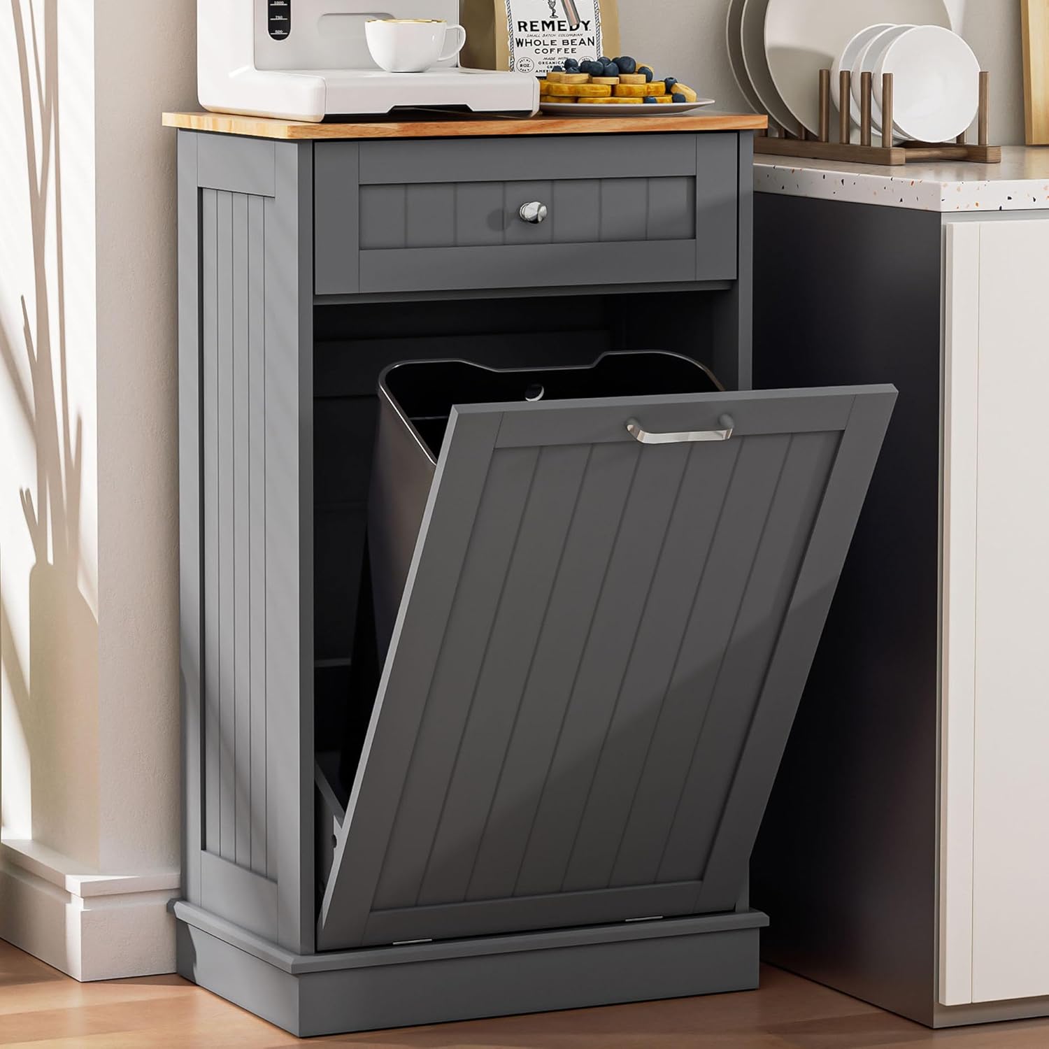 Spurgehom 13 Gallons Tilt Out Trash Can Cabinet Hidden Kitchen Trash Can Freestanding Garbage Recycling Cabinet with Hideaway Drawer Pet Proof Trash Can Holder for Kitchen Living Room, Grey