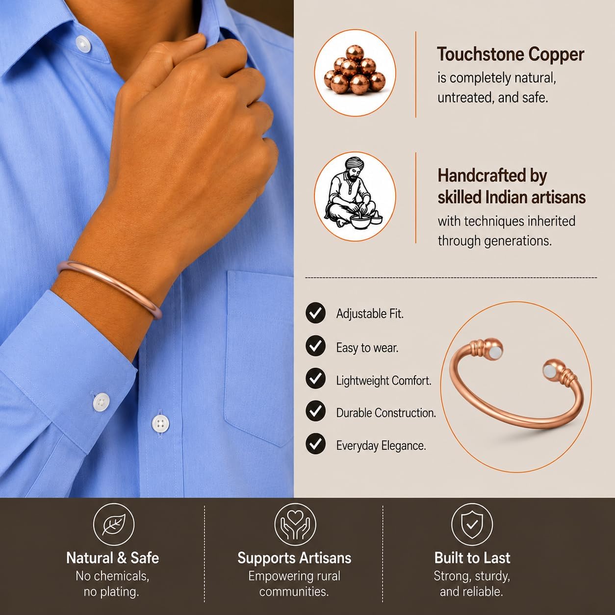 Touchstone Handcrafted By Indian Skilled Artisans Durable High Gauge Copper Hand Twisted Pipe Bracelet In Natural Tone.