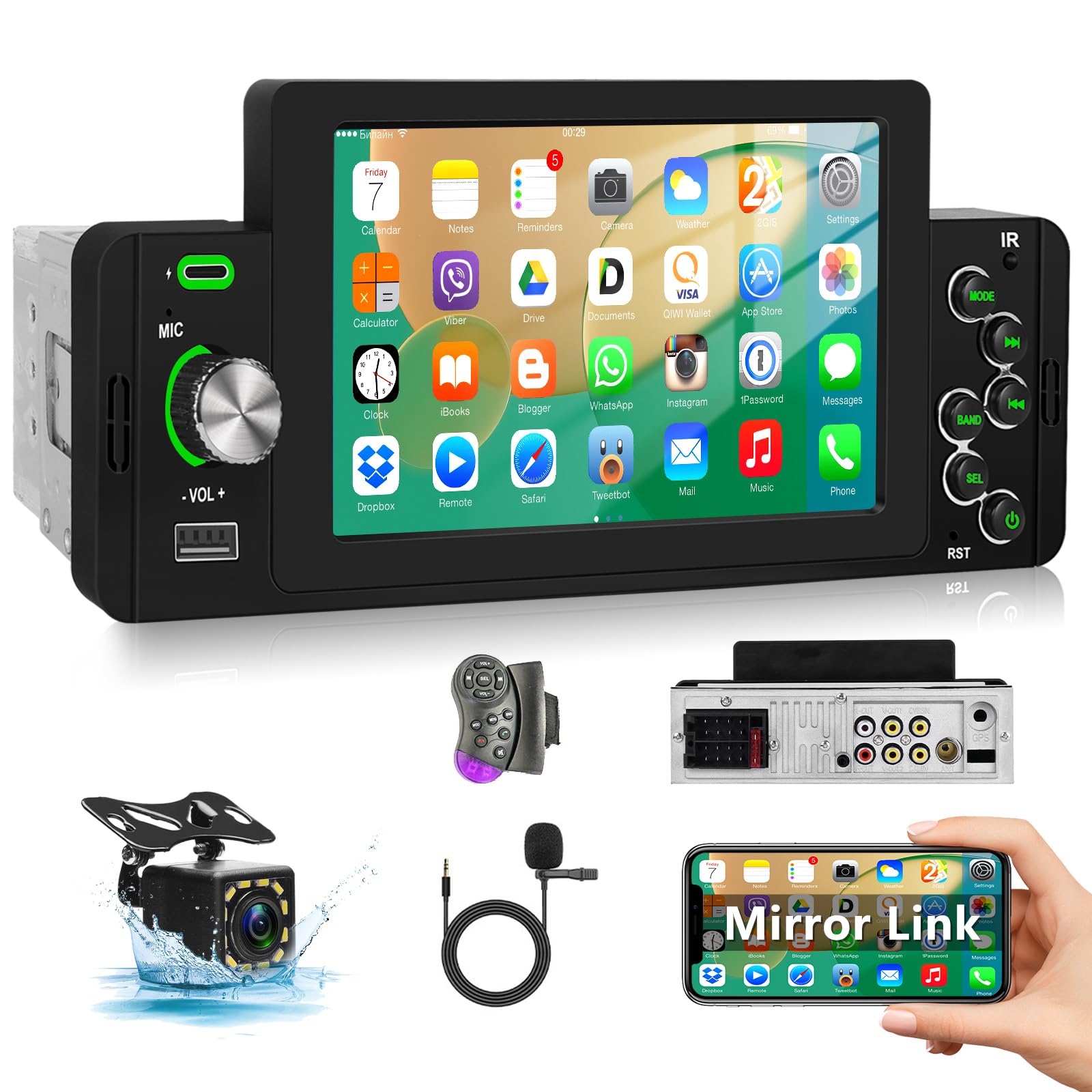 Podofo Autoradio 1 Din con Sistema Vivavoce Bluetooth, Autoradio da 5 Pollici con Schermo, Supporto Ricevitore MP5 FM, Collegamento Specchio, Telecomando, SWC + Telecamera Posteriore e Microfono