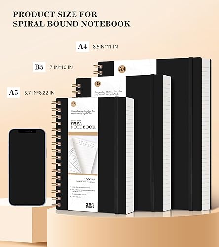 Miniatura 4 de Cuaderno de espiral de 360 páginas con rayas universitarias, diario grueso con forro, B5, de 7.6 x 10 pulgadas, papel de 100 GSM, unisex, para