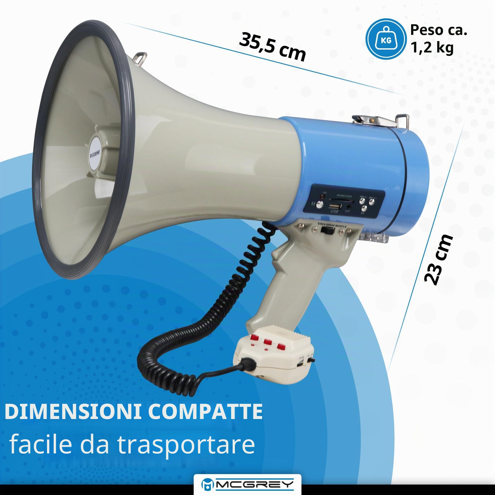 McGrey MP-800HRS megafono portatile 25W RMS/80W MAX, portata 1000m, microfono, sirena, fischietto, registrazione, lettore USB/SD/AUX-MP3, batteria, grigio/blu.