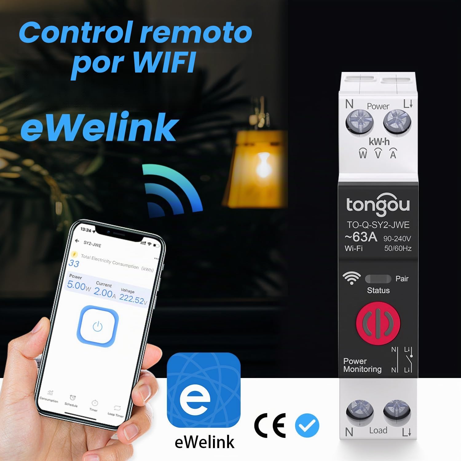 TONGOU Interruptor Medidor Energia 63A/230 vac, DIY Interruptor Inteligente WiFi con eWelink APP, Medición de Consumo de Energía y Protección Contra Sobrecargas