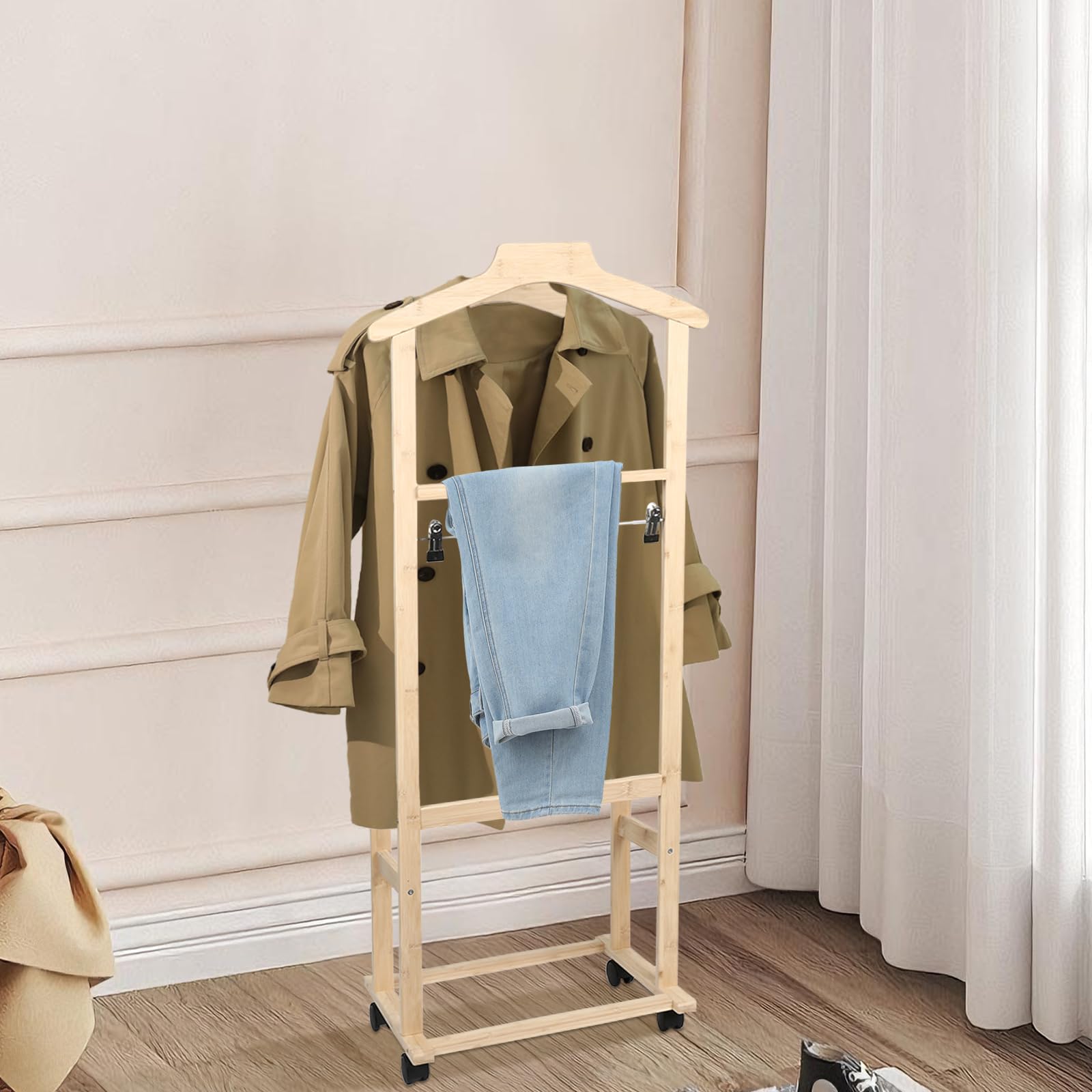 OHMG Valet de chambre bois,Portant à vêtements à roulettes,porte-manteau double barre à roulettes,penderie vêtement,Range-vêtements Chambre,buanderie,107X47X37cm, naturel (107 * 47 * 37cm)