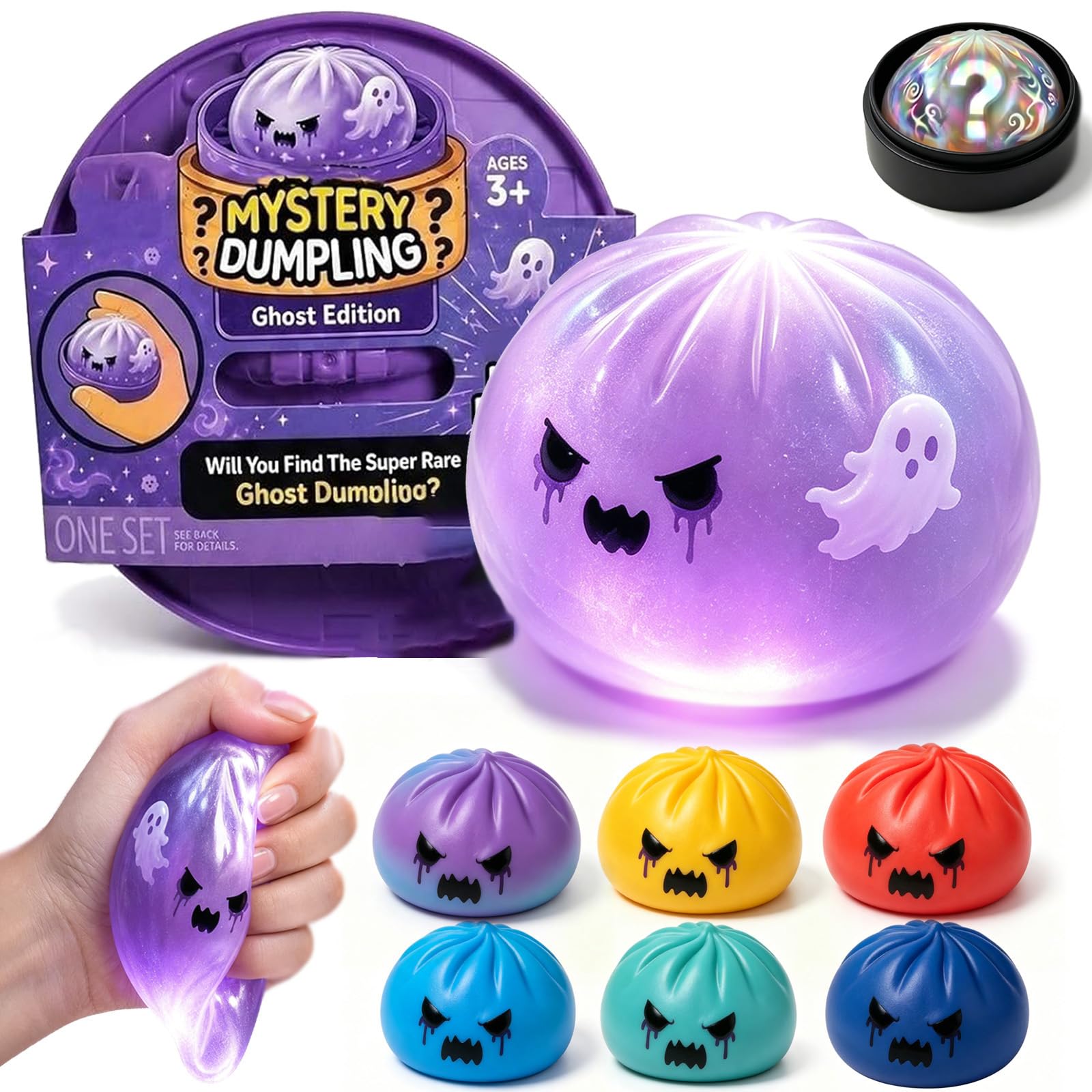 Mystery Halloween Ghost Dumpling Squishy, Glitter Squishy Dumpling Toy with Mystery Box, Dough Ball Stress Relief Sensory Toys for Adults Kids Birthday Party Favor (Halloween, A)