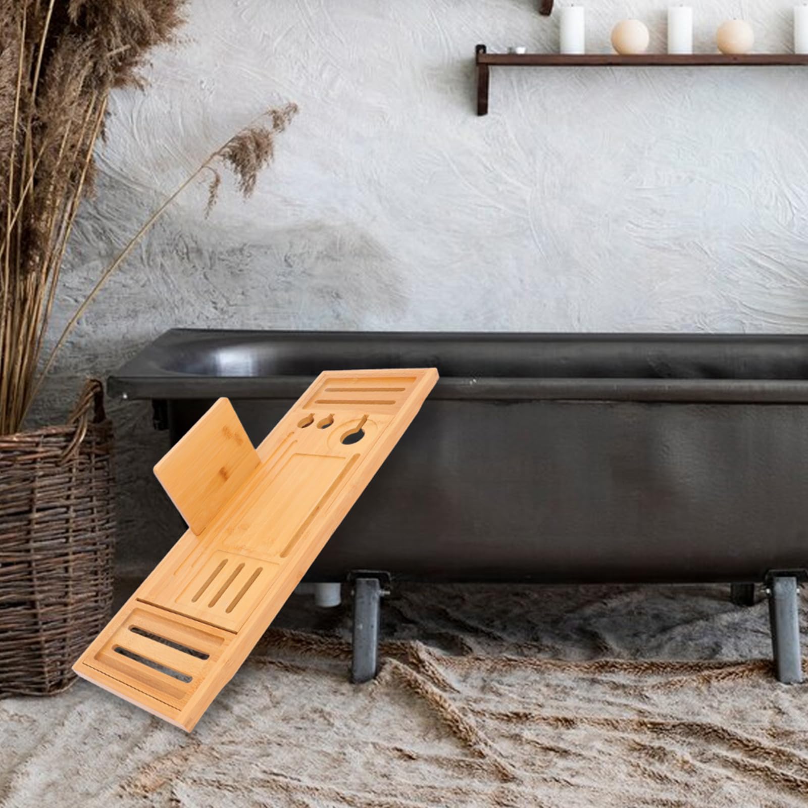 TOYANDONA Vassoio Vasca da Bagno Espandibile in Bambù e Metallo Antiscivolo Design Regolabile Elegante e Moderno per Accessori Bagno Funzionale