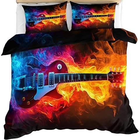 Guitar Comforter Set Full, Rock Music Bedding Set, Musical Boys Duvet Cover, 2 Pill...