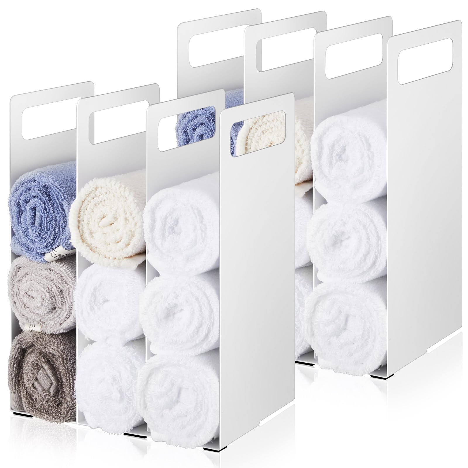 LEIFIDE Set of 4 Interlocking Towel Organizer Metal Bathroom Towel Storage Rack Shelf Dividers Organizers for Closet Home Space Saving (White)