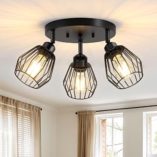 3-Light Kitchen Light Fixtures Ceiling Mount, Adjustable Multi-Directional Ceiling Fixture, Farmhouse Black Metal Cage Flush Mount Ceiling Light Fixtures for Hallway Dining Room Entryway