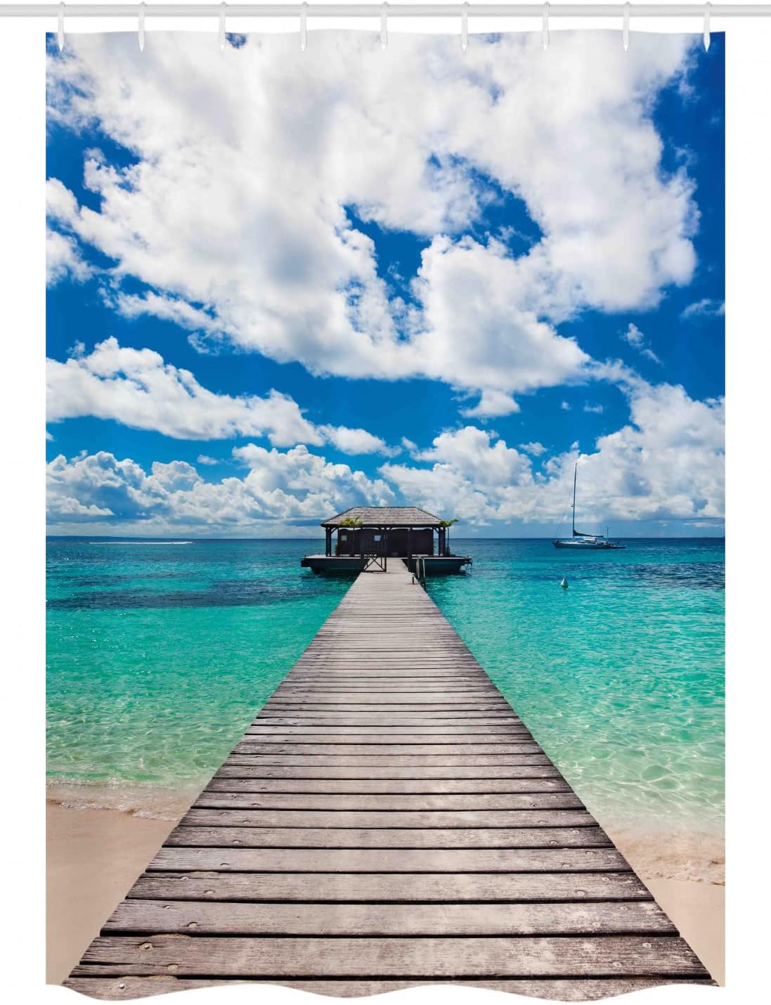 Ambesonne Ocean Stall Shower Curtain, Caribbean Seascape Jetty and Sail Boat Cloudy Sky Clear Exotic Americana, Fabric Bathroom Decor Set with Hooks, 54" W x 78" L, Turquoise Blue White