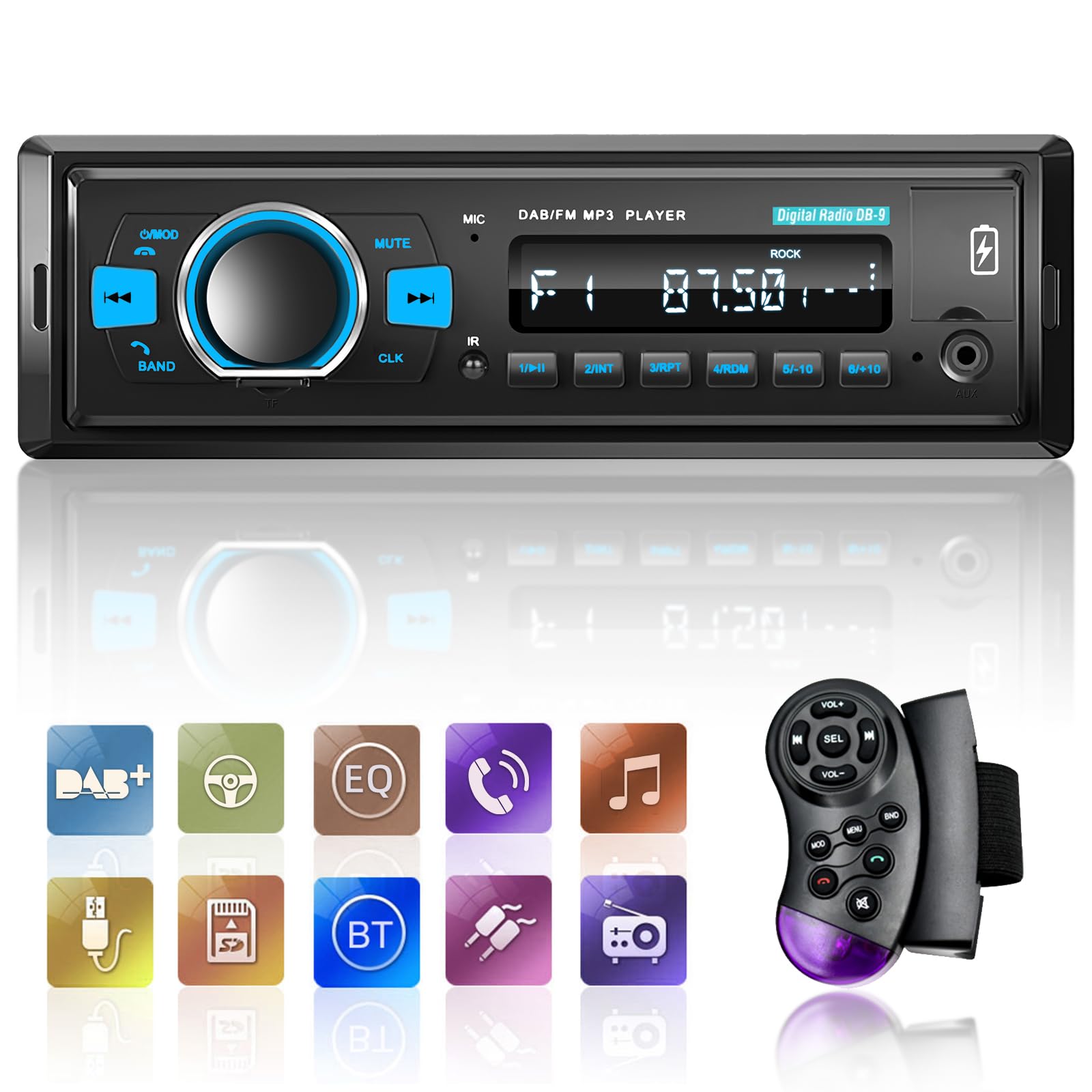Radios DAB Autoradio 1 Din mit Bluetooth 5.0 / EQ Audio/Bluetooth Anruf/FM Radio/USB Ladefunktion/Tastenbeleuchtung/TF SD Kartenanschluss/AUX Eingang + telecomando SWC