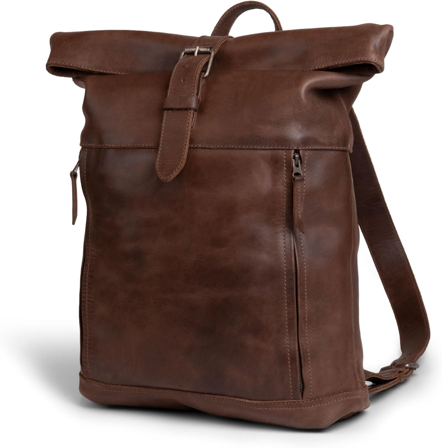 Hide & Drink, Roll Top Backpack, Vintage Style Rucksack with Adjustable Shoulder Straps, Travel Accessory, Full Grain Leather, Handmade, Bourbon Brown