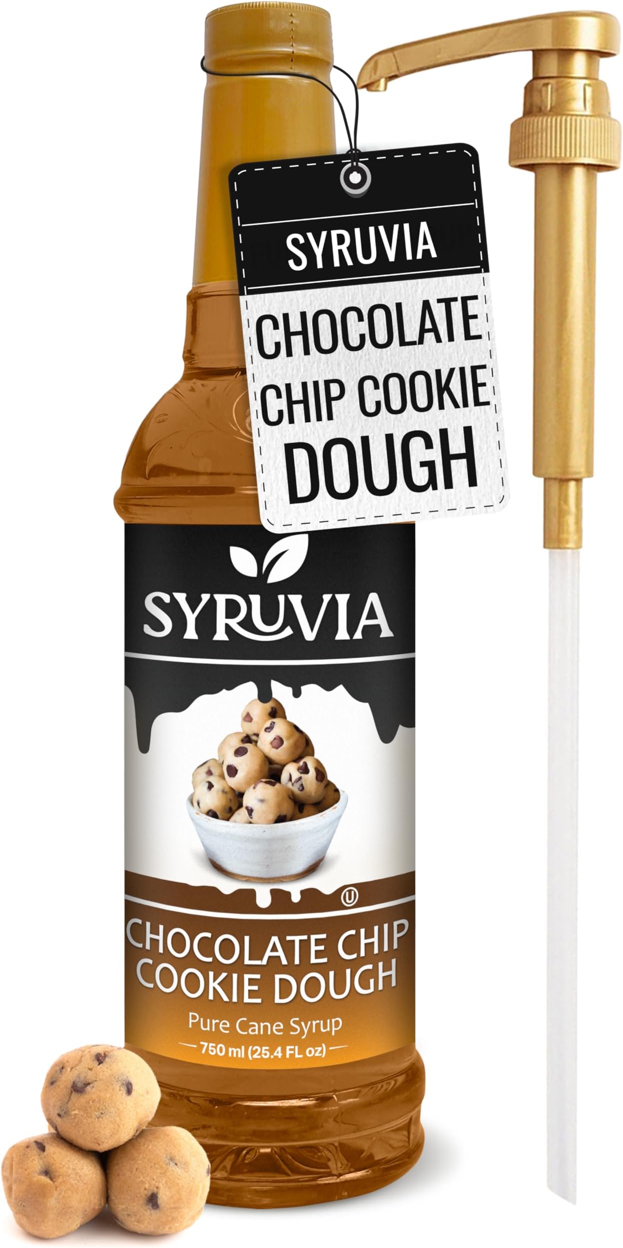 Syruvia Coffee Syrup, Chocolate Chip Cookie Dough Flavored Syrup for Drinks, Lattes, and Desserts – 25.4 fl oz, With Pump
