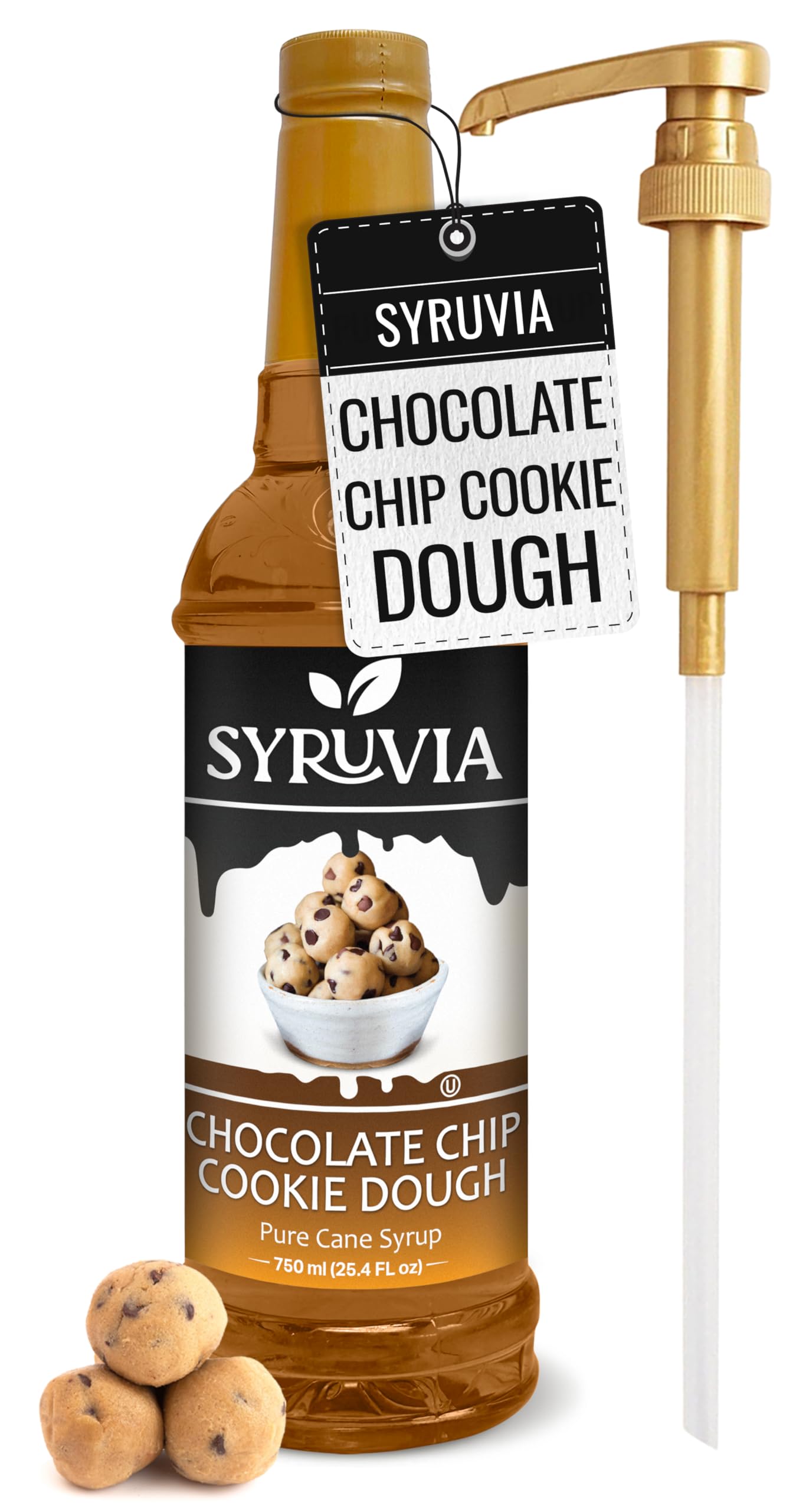 Syruvia Chocolate Chip Cookie Dough Coffee Syrup - 25.4 fl oz, Kosher, Gluten Free, Perfect for Coffee, Drinks, Soda, Desserts, and More, With Pump