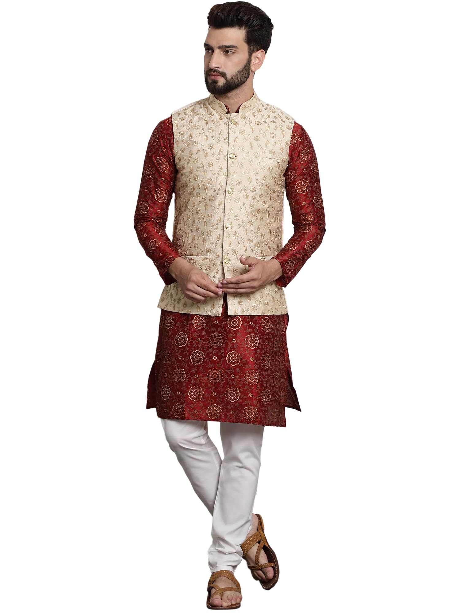 Sojanya (Since 1958 Men's Silk Blend Maroon Kurta & Cream Pyjama With Beige Embroiderd Nehrujacket