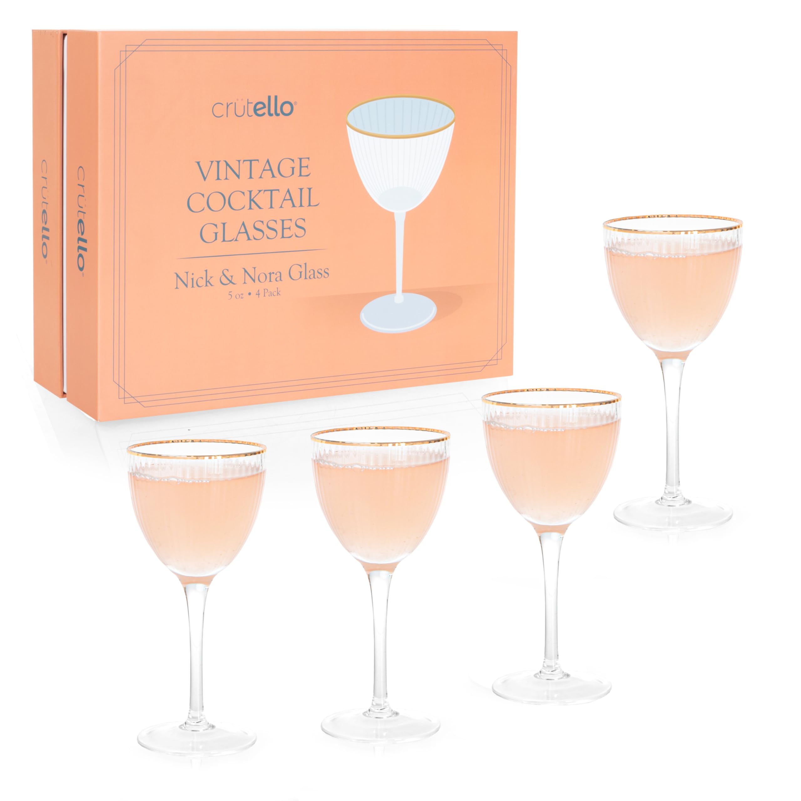 Crutello Nick and Nora - Vasos de cóctel de 5 onzas, cristalería acanalada vintage Art Deco para beber ginebra clásica, whisky, vodka, vasos estriados Nick y Nora con borde dorado, juego de 4