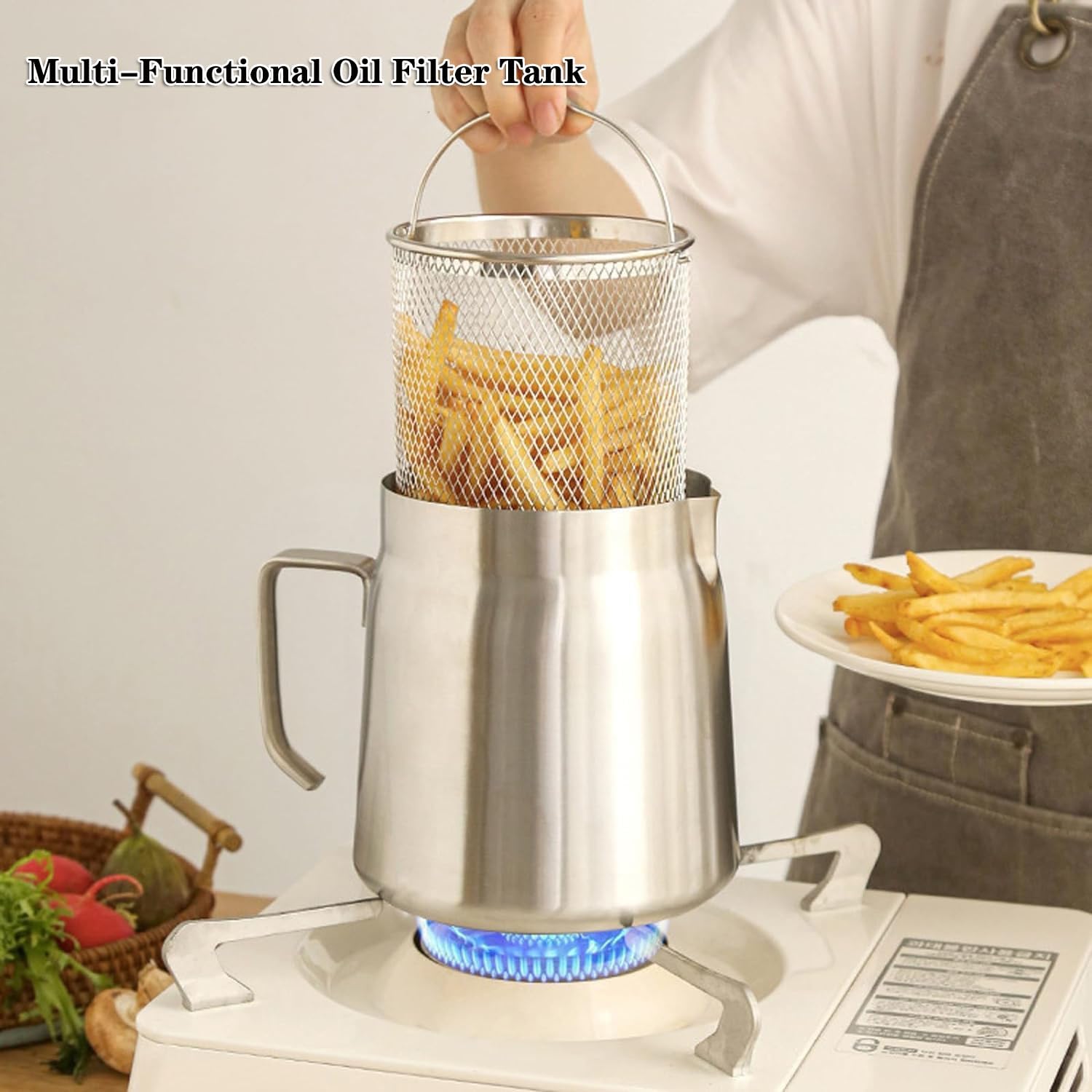 Olla de filtro de aceite de acero inoxidable 304 con colador, recipiente de aceite resistente para cocinar, recipiente de filtro versátil y mini freidora, capacidad de 2.0 L