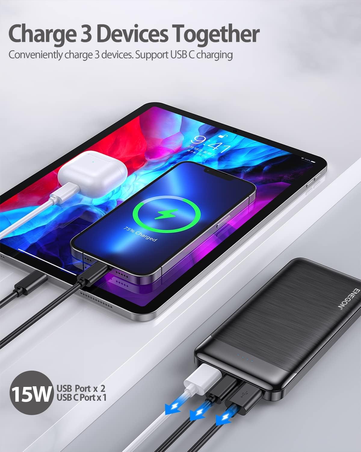 ENEGON Power Bank 10000mAh+Caricabatterie, Batteria Caricatore Portatile con Ricarica Rapida 5V/3A Spina USB-C, 15W Mini Powerbank per Apple iPhone 14/13/12/11, iPad,AirPods Pro, Xiaomi,Huawei,Samsung