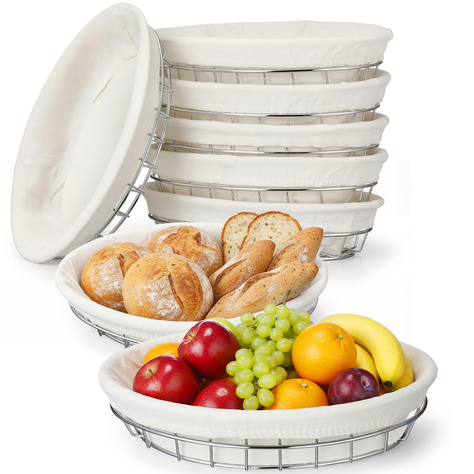 Photo 1 of Acellegic 6 Pack Oval Metal Wire Baskets with Liner Cloth for Table Serving 9.5 x 6.2 x 2.2 Metal Dinner Bread Proofing Baskets Sandwich Container for Fast Food Kitchen Party (Silver)