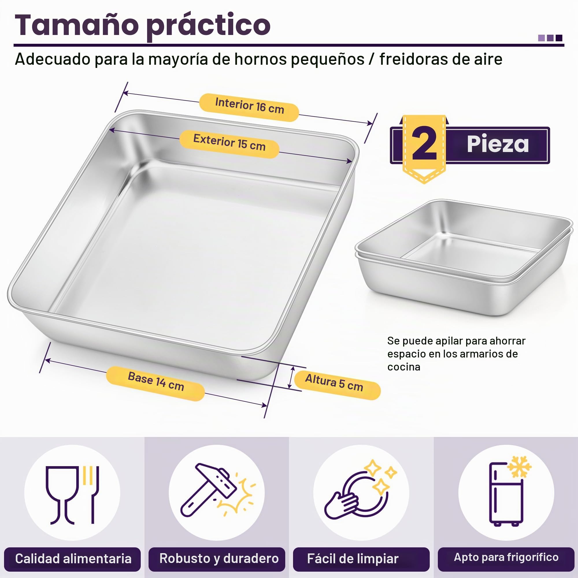 HaWare Molde cuadrado de acero inoxidable para tartas (2, 15 cm)