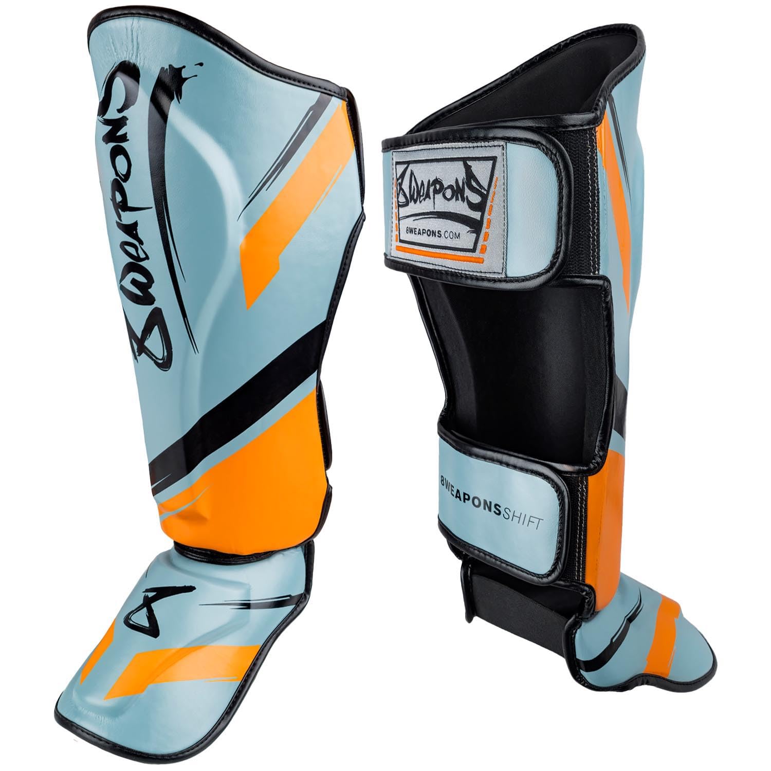 8 WEAPONS Espinilleras Shift, color gris hielo naranja, entrenamiento y competición, piel sintética de alta calidad y amortiguación perfecta, Muay Thai, K1, MMA, karate y kickboxing