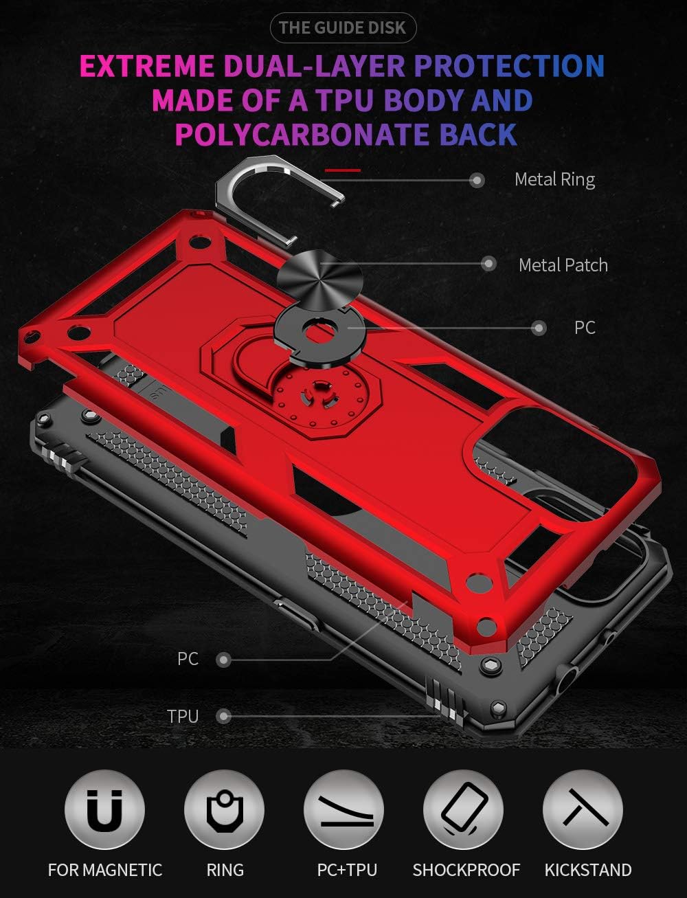 Moto G9 Plus Case, Motorola G9 Plus Case, with Tempered Glass Screen Protectors, Androgate Military-Grade Metal Ring Kickstand 15ft Drop Tested Shockproof Cover Case for Motorola Moto G9+ Red