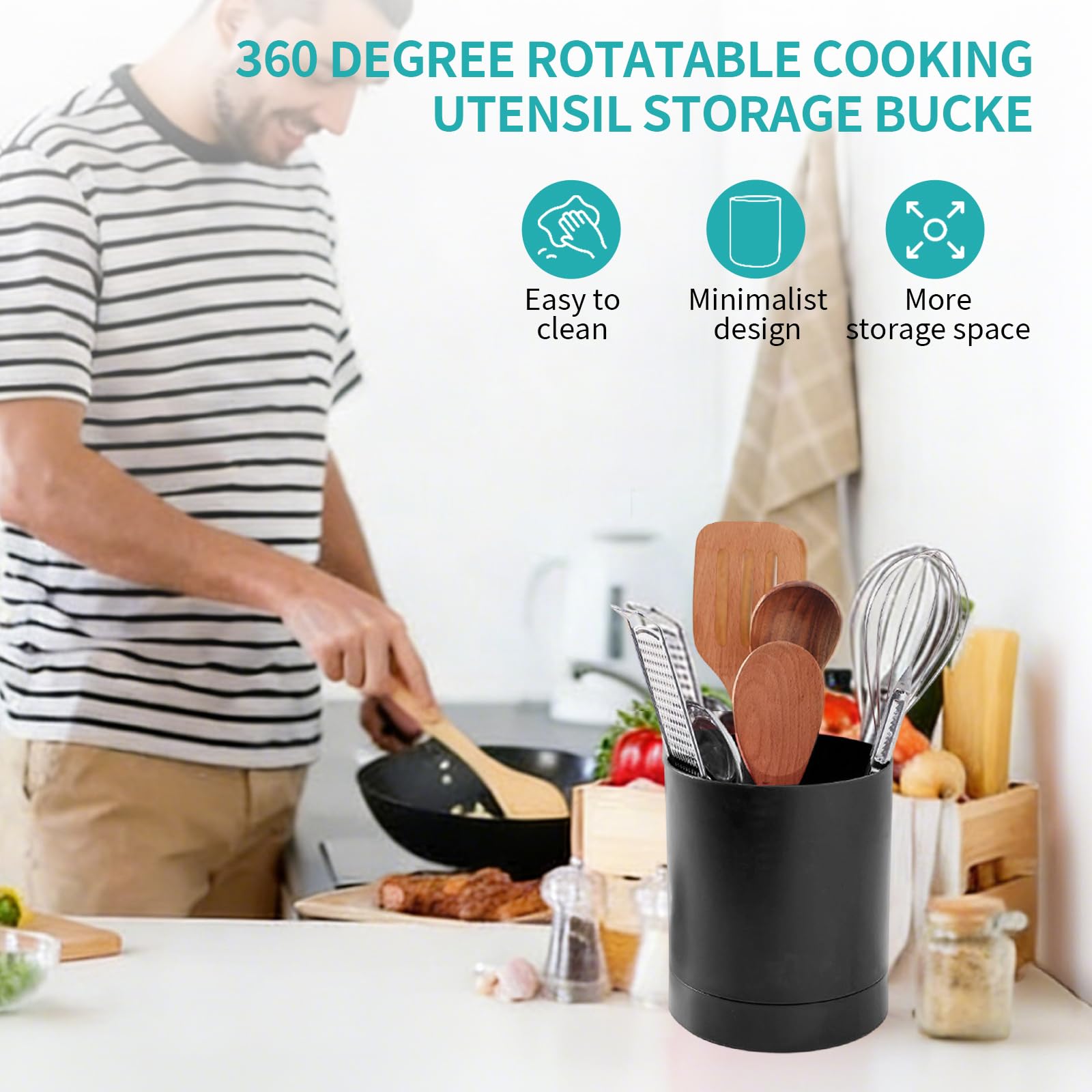 OUKENS Portautensili, lavabile in lavastoviglie, girevole a 360 gradi, semplice cestino per bacchette, contenitore per stoviglie, organizzatore di utensili da banco per cucina domestica (Nero)
